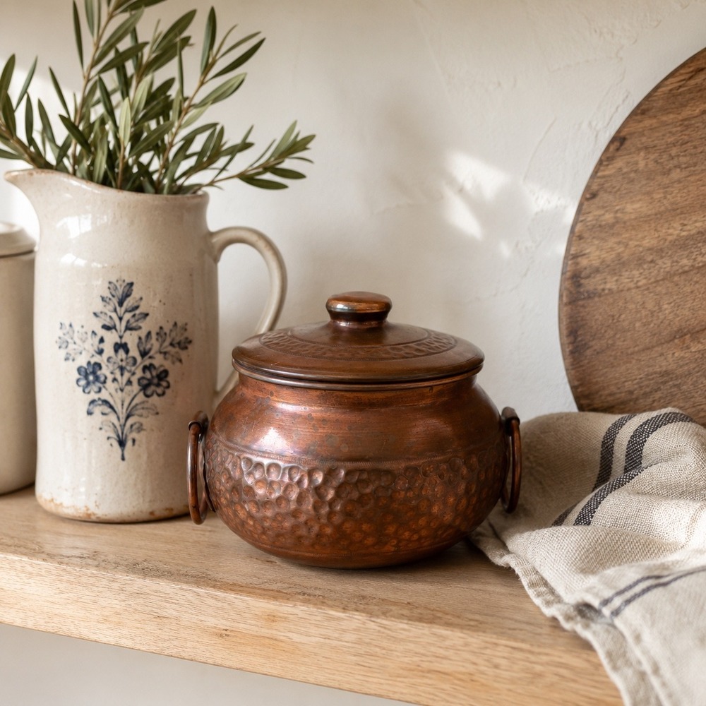 Vintage Hammered Copper Pot Decor Rustic Farmhouse Kitchen Canister